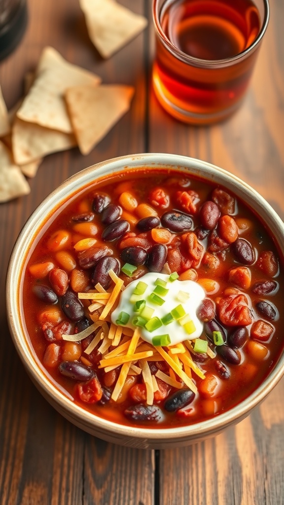 A hearty bowl of 2 bean chili with garnishes of cheese, sour cream, and green onions, served with tortilla chips.